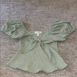 Green Puff Sleeve Blouse with Tie Front